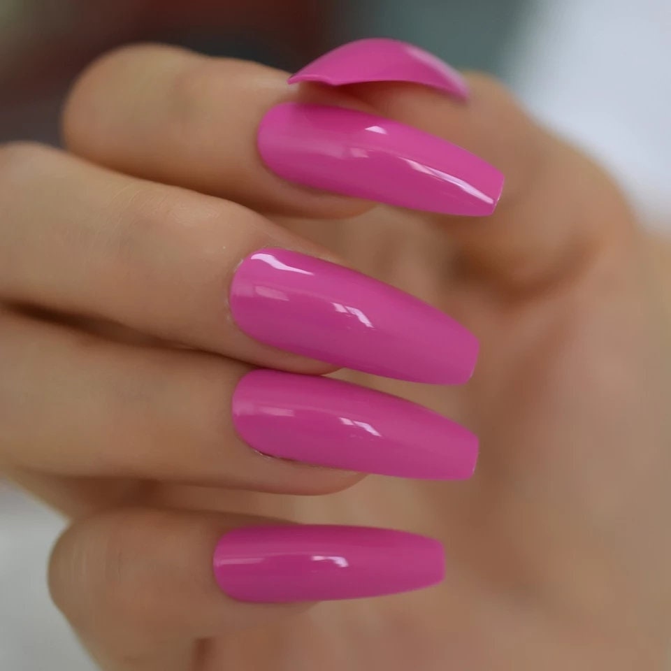24 pcs Bright Pink Fuchsia neon Summer Long Press on nails glue on shiny manicure 80s rave
