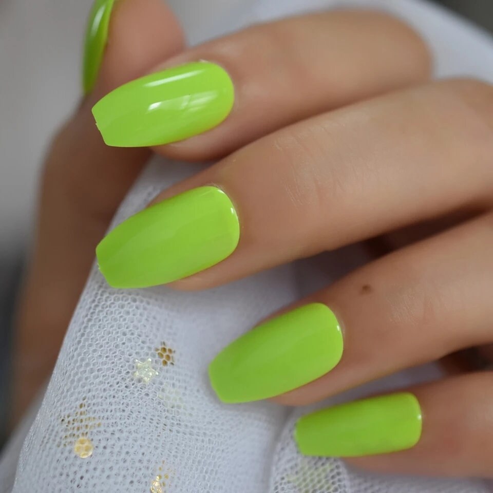 24 Electric Neon Green Long Press on Nails Medium Coffin Slime Bright Summer 80s rave