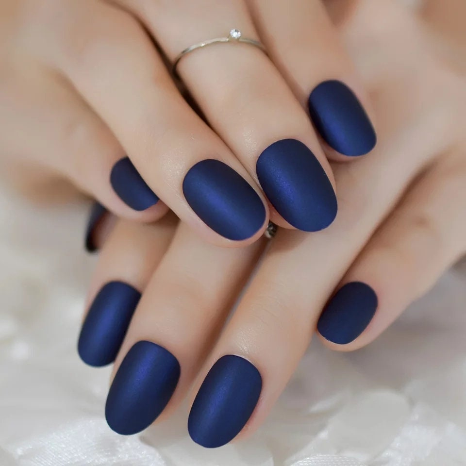 24  oval Deep Blue Short Press On Nails Glue on Satin shimmer Dark