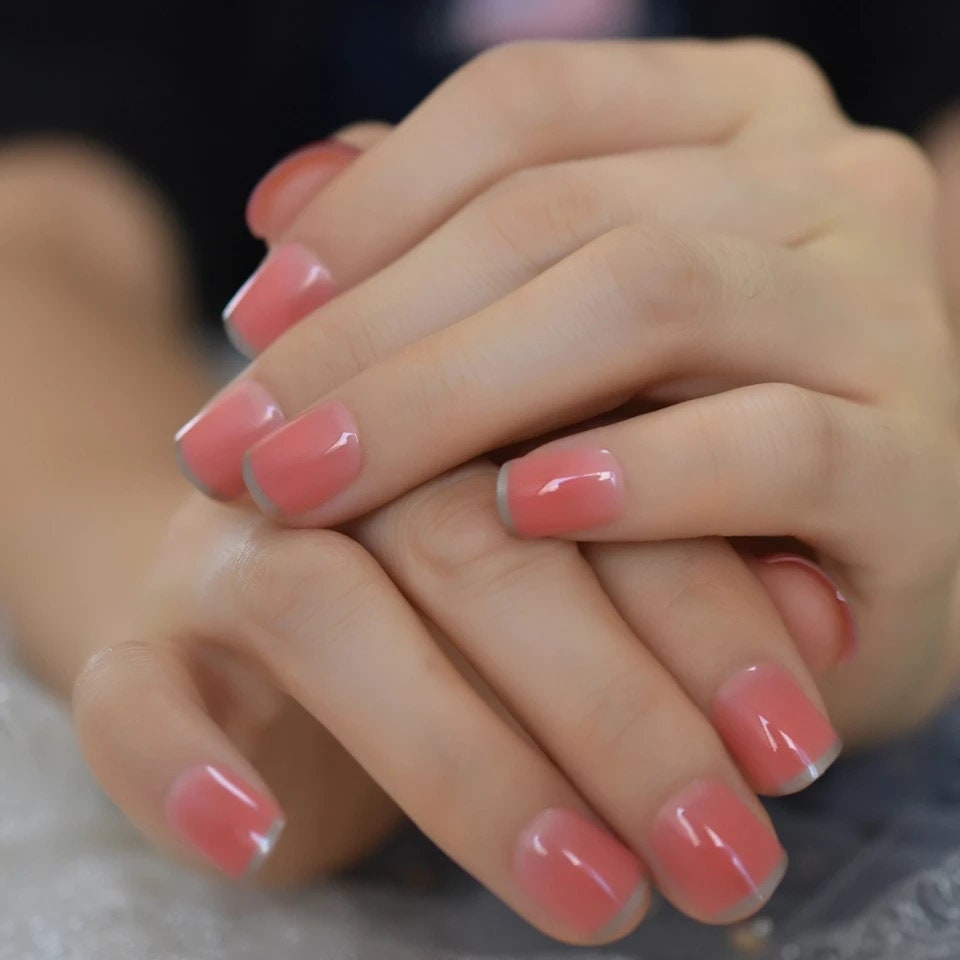 24 Peach glaze silver rim tip Short press on nails glue on press on manicure