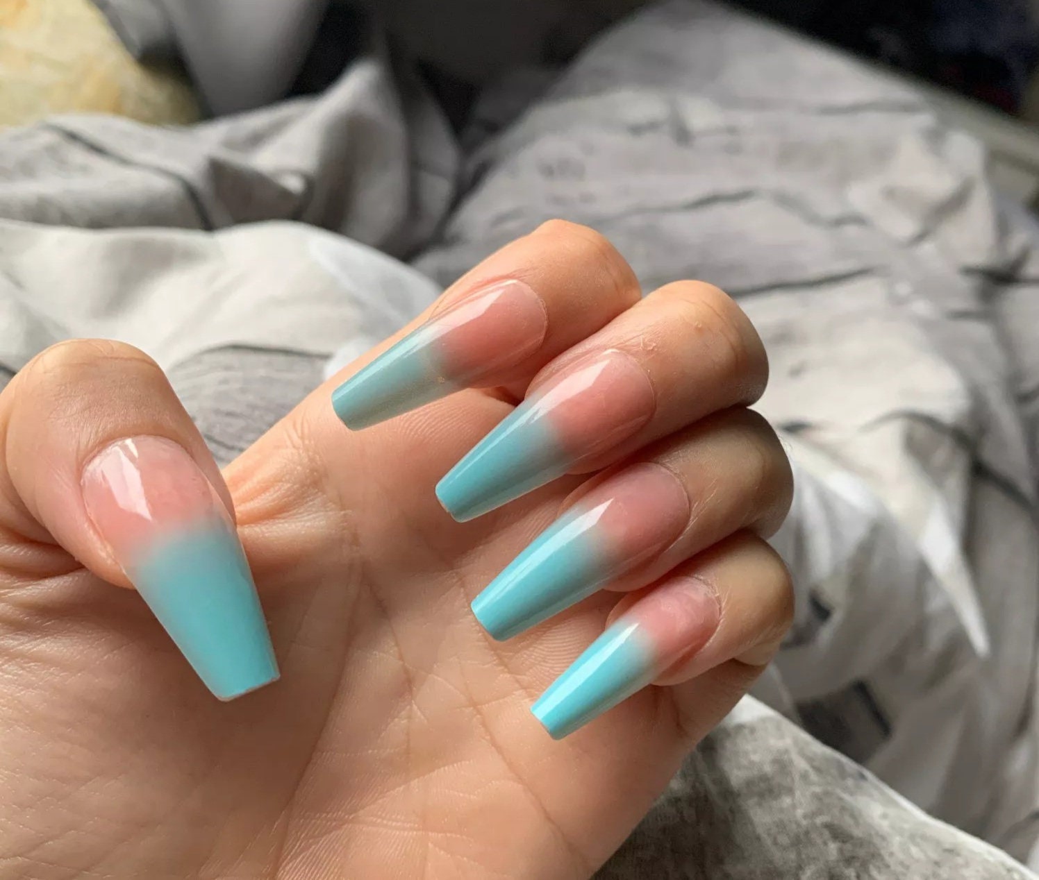 24 Blue Teal Ombre Summer Extra Long Press on nails glue on Coffin manicure