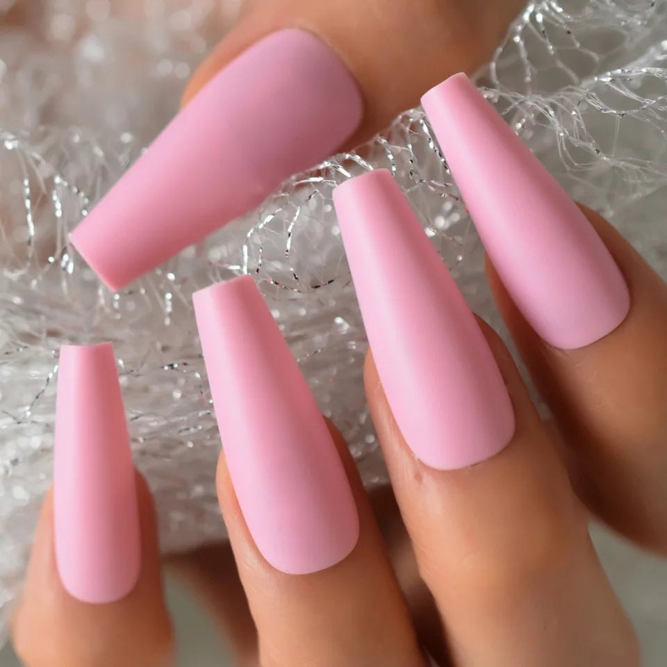 24 Matte Soft Pink Extra Long Coffin Press On Nails kit glue on Pale light baby