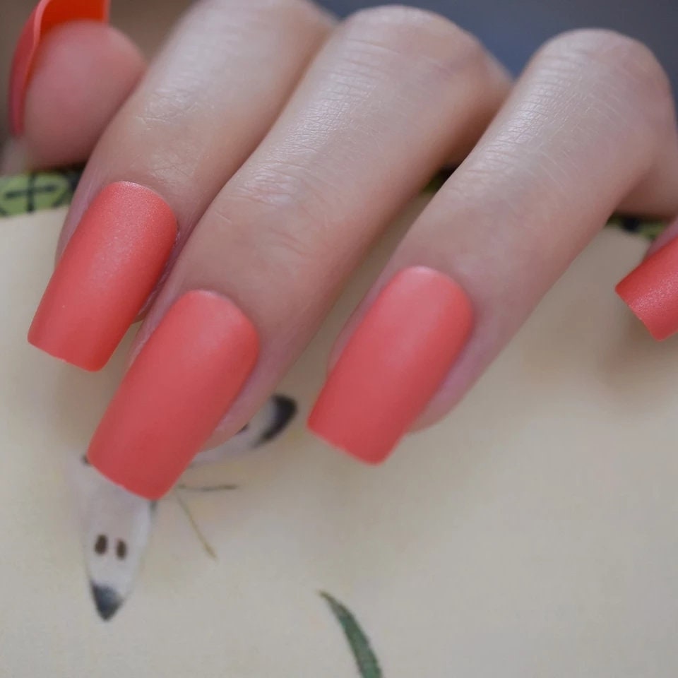 24 Matte Coral Peach Medium Square Press on Nails long pretty