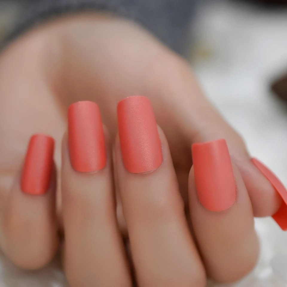 24 Matte Coral Peach Medium Square Kiss Press on Nails long pretty