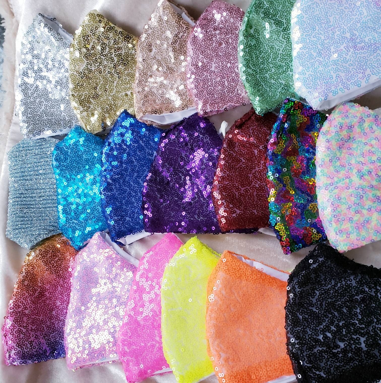 Glam Sequin masks cotton interior rose gold sparkly holographic rainbow multi color pale ombre black blue green red silver mask