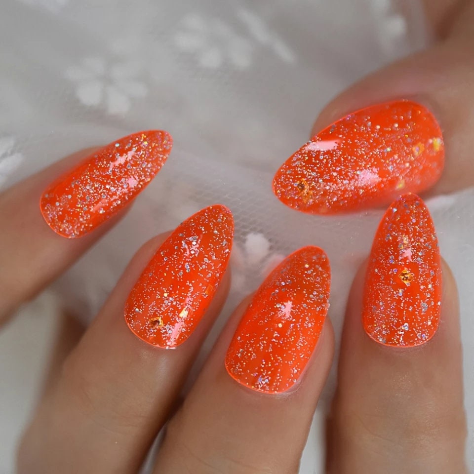 24 Orange Jelly Kiss Press on Nails 90s Medium length glitter clear 80s rave 90s retro funky bright fall autumn Halloween cute