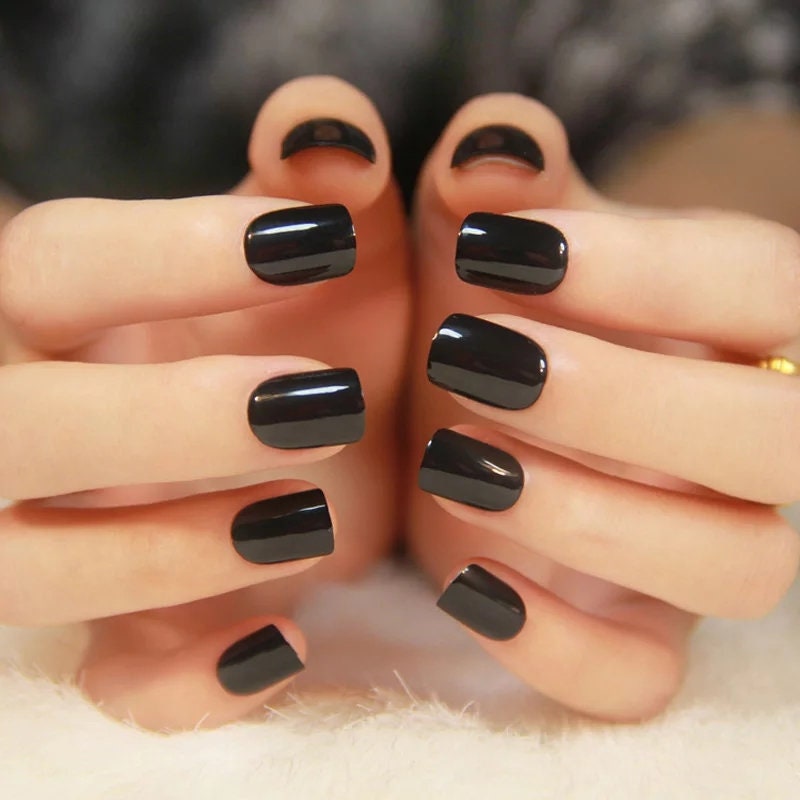 24 Short Black press on nails glue on goth shiny