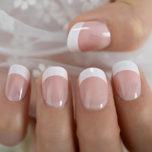 24 French Mani Short press on nails kit white tip baby boomer pink