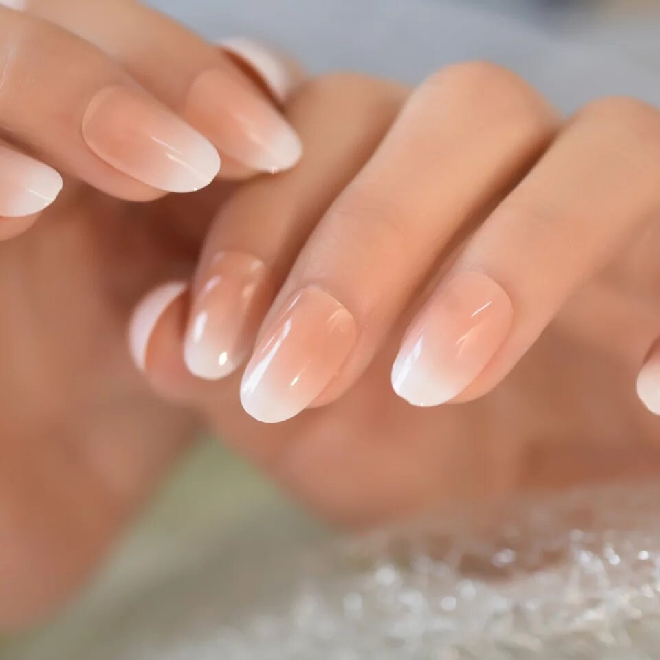 24 Ombre Nude Press on Nails glue on medium length white tip French Natural