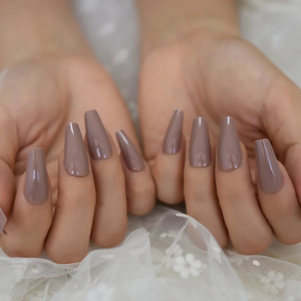 24 Tan nude Long press on nails kit glossy coffin glue on greige gray brown nude baddie nails