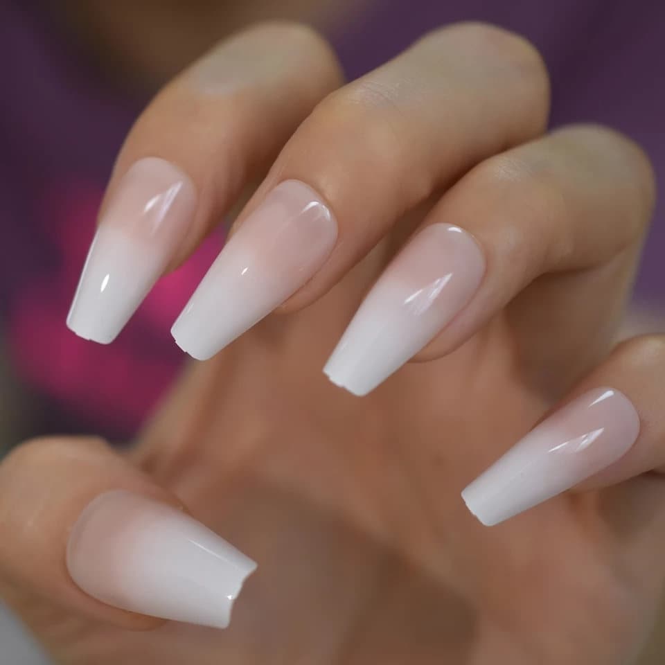 24 Ombre French White tip coffin Long Press On nails glue on classic manicure natural long