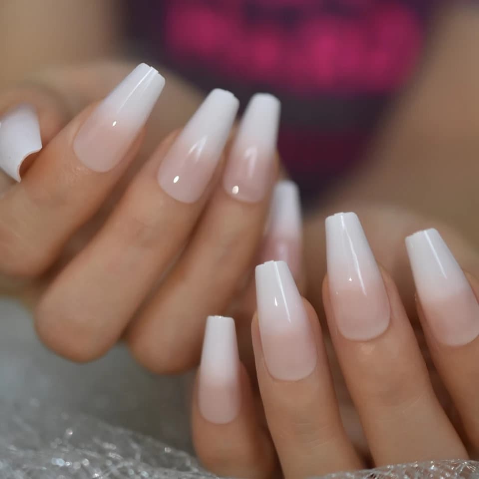 24 Ombre French White tip coffin Press On nails glue on classic manicure natural long