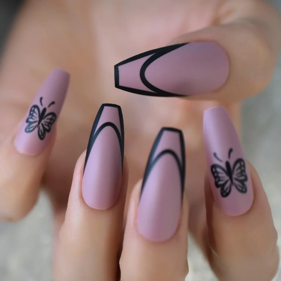 24 Coffin Matte Mauve butterfly Long press on nails glue on Muted pink