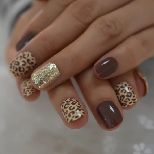 24 Leopard print gold tan Short press on nails glue on classic manicure