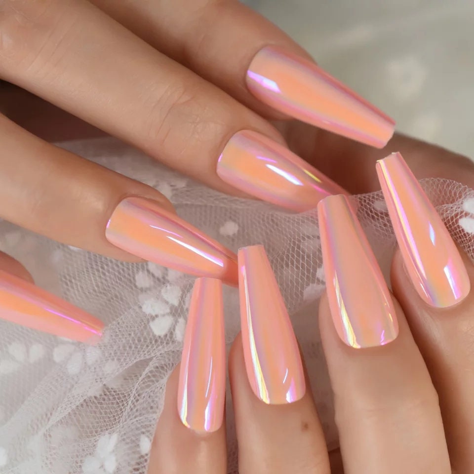 24 Extra Long Peach Chrome Press On Nails Chameleon mirror glue on manicure straight coffin