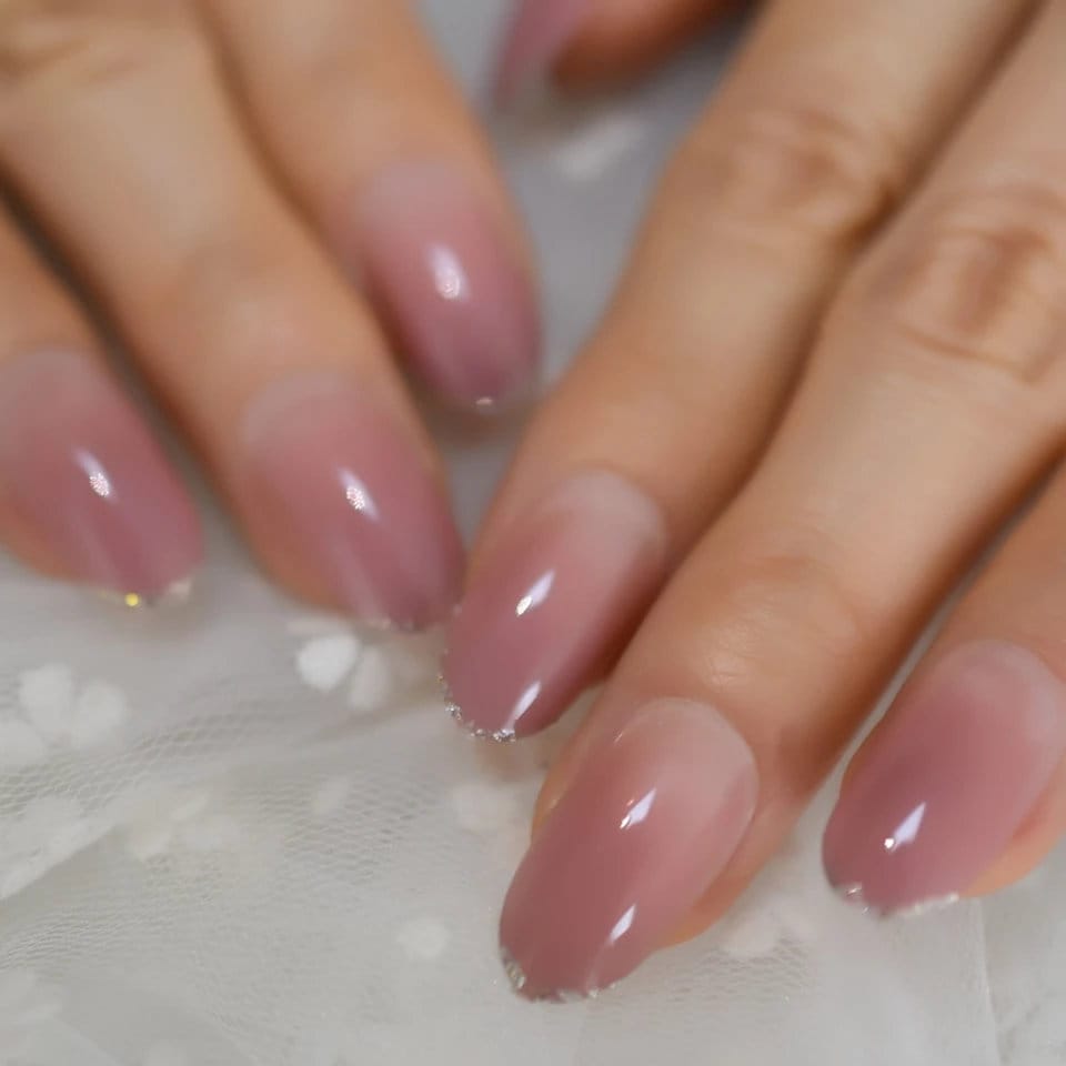 24 Ombre nude glitter rim tip Long press on nails glue on classic manicure medium