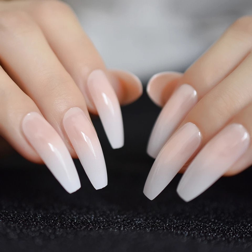 24 natural nude Ombre French tip coffin nails glue on Long  press on Nails classic manicure