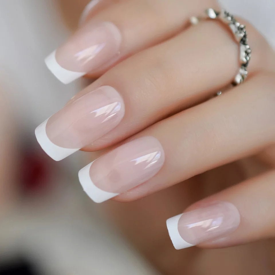 24 Medium Square French tip white Long Press on nails glue on natural