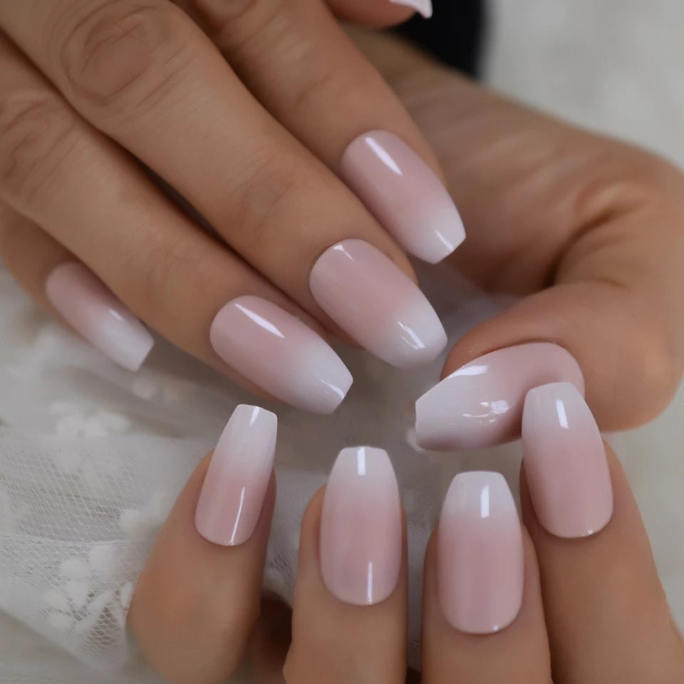 24 Medium Coffin Ombre White tip Pink French mani Long Press on nails glue on natural