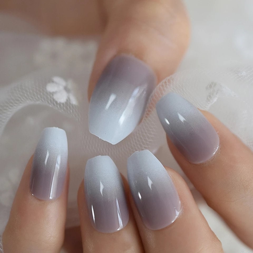 24 Medium Coffin Ombre Gray French tip white Press on nails glue on natural edgy goth