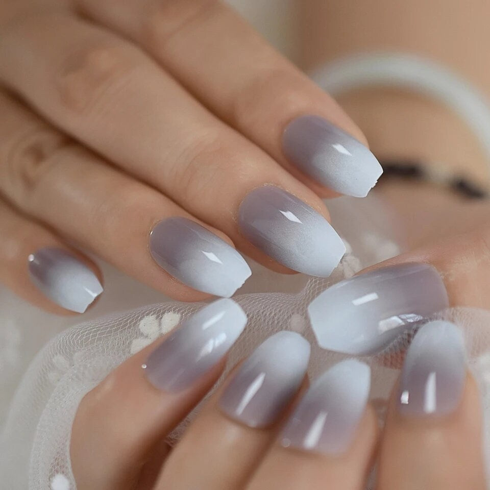 24 Medium Coffin Ombre Gray French tip white Press on nails glue on natural edgy goth