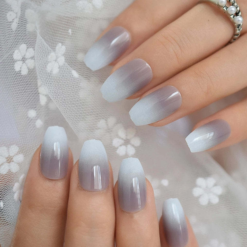 24 Medium Coffin Ombre Gray French tip white Long Press on nails glue on natural edgy goth