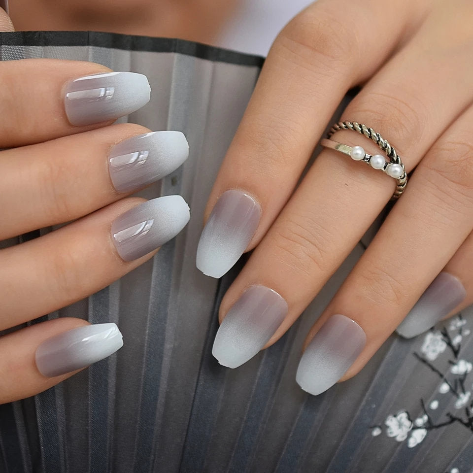 24 Medium Coffin Ombre Gray French tip white Long Press on nails glue on natural edgy goth