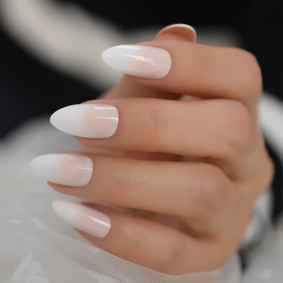 24 Medium Almond Ombre Pink French tip white Press on nails glue on natural stiletto