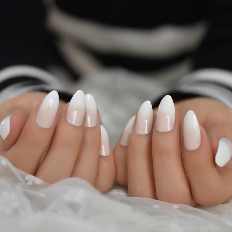 24 Medium Almond Ombre Pink French tip white Long Press on nails glue on natural stiletto