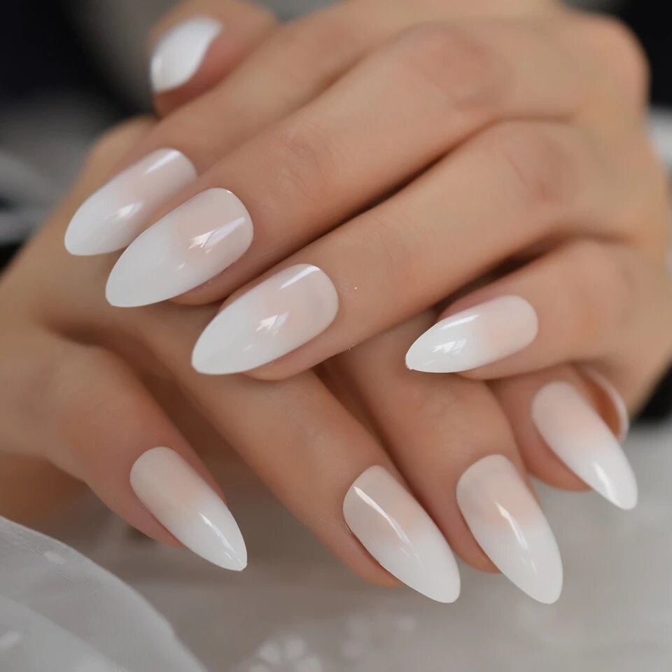24 Medium Almond Ombre Pink French tip white Press on nails glue on natural stiletto