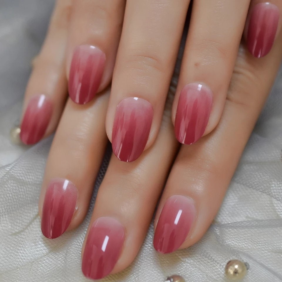 24 Rose Red Ombre Long Press On Nails nude Medium Almond French tip glue on natural nude
