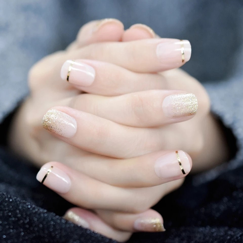 24 Short Nude Press On nails Gold Details Classy Glue on