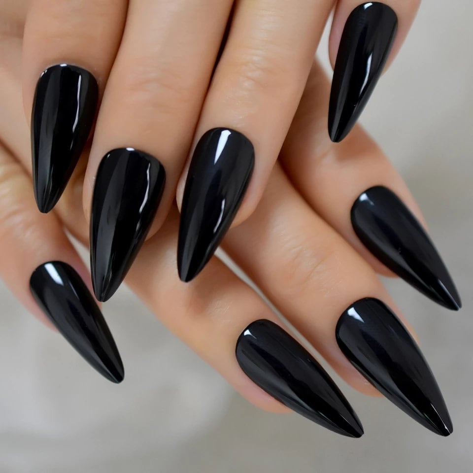 24 Glossy Long Stiletto Black  Press On Nails kit w glue witchy goth alt pointed glue on
