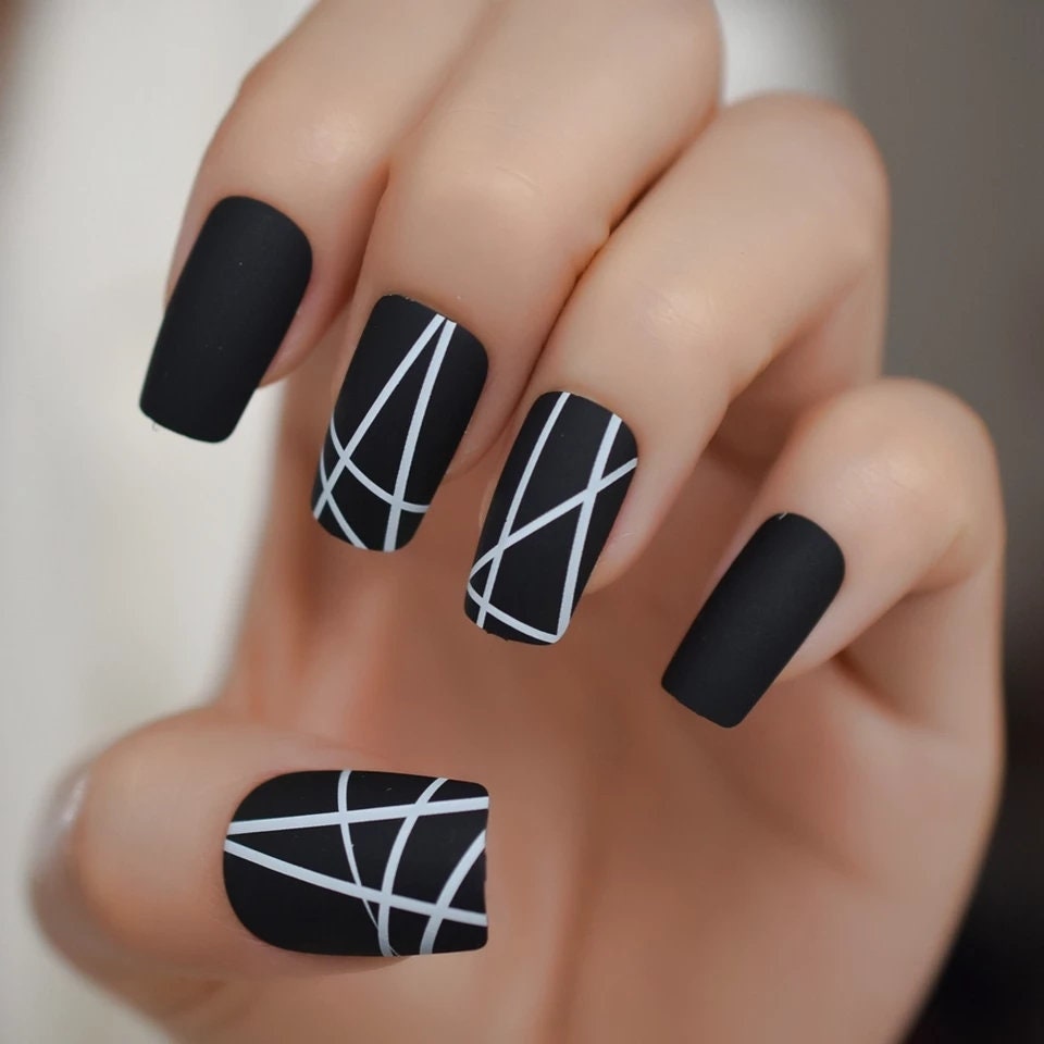 24 Matte Glue on medium Black Press on Nails square goth edgy white lines design