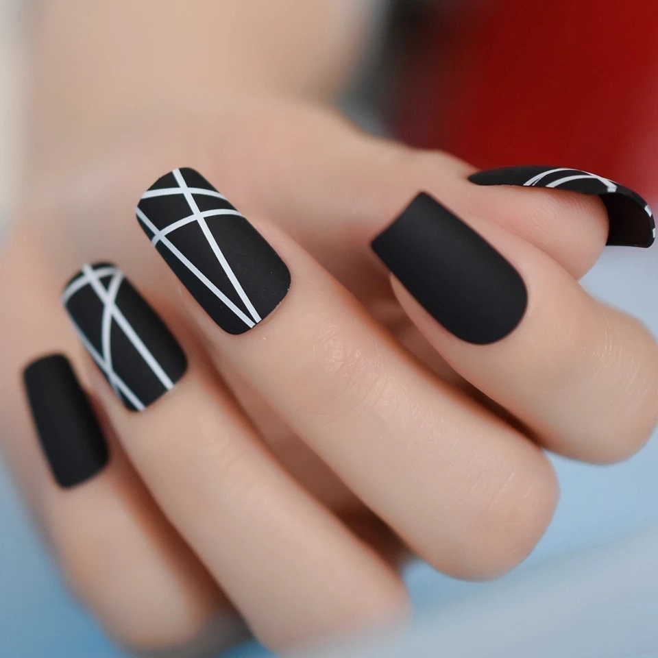 24 Matte Black Nails Glue on Press on square goth edgy white lines design