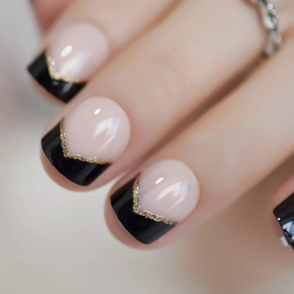 24 Black Tip French Dark Press On nails Glue on Gothic edgy trendy classic elegant gold
