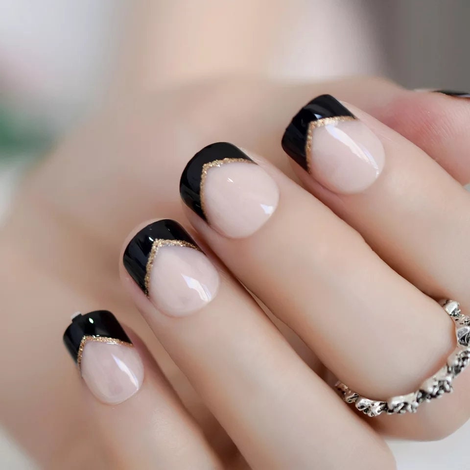 24 pcs Black Tip French Dark Short Press On nails Glue on Gothic edgy trendy classic elegant gold
