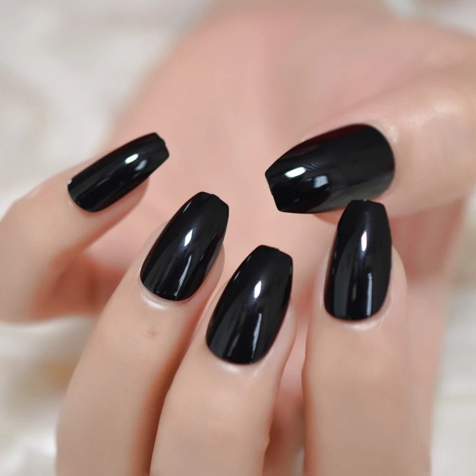 24 pcs Medium Coffin Black Press On nails shiny Goth