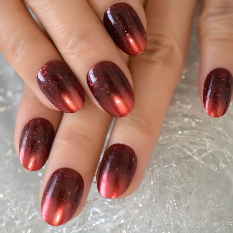 24 Fancy Red Metallic Glitter Ombre Medium Almond Press on nails glue on magnet gel cat eye acrylic thick