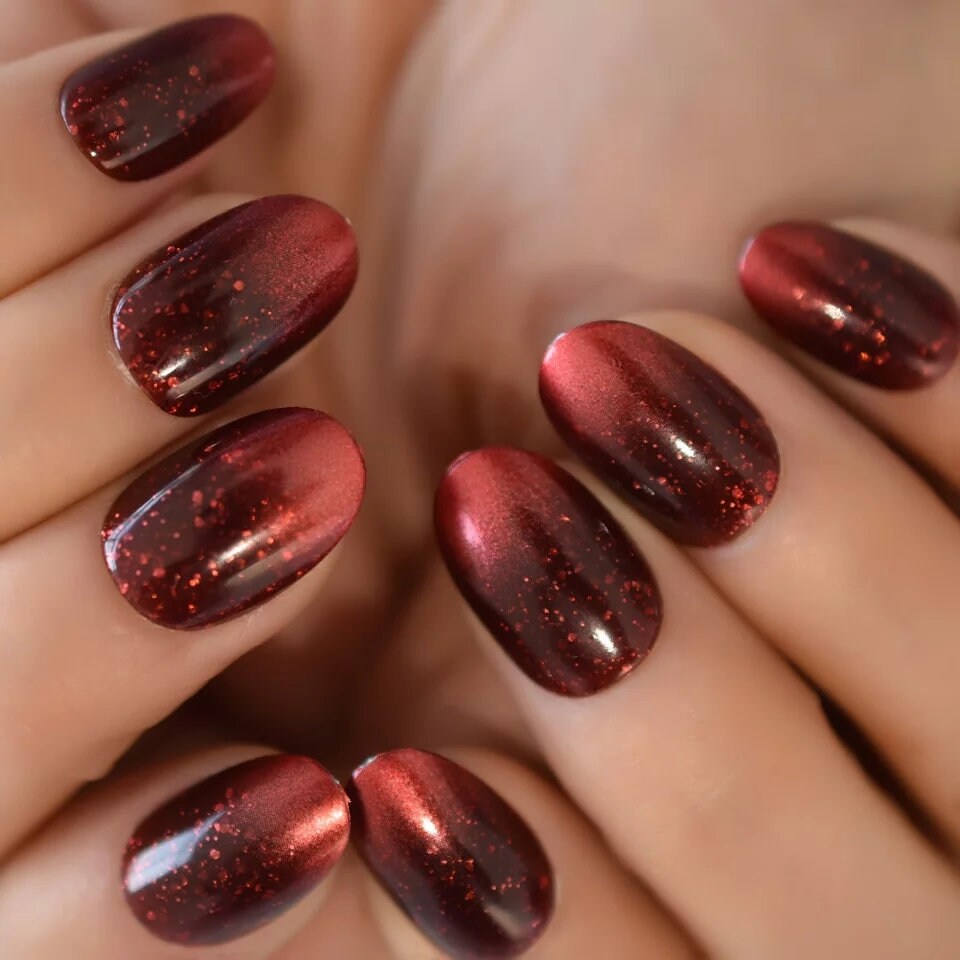 24 Fancy Red Metallic Glitter Ombre Medium Almond Kiss Press on nails glue on magnet gel cat eye acrylic thick