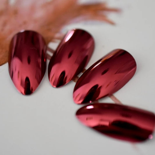 24 Red Metallic Chrome Medium Almond Press on nails glue on mirror shiny