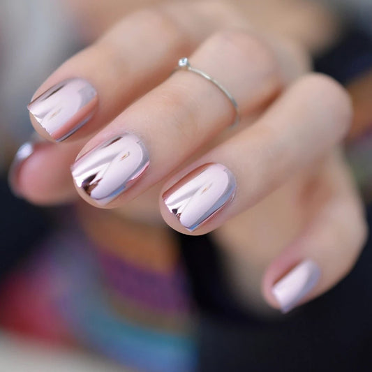 24 Light Pink Silver Chrome Kiss Press On Nails Glue on Mirror shiny metallic short