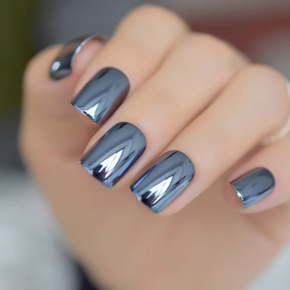 24 Dark Blue Chrome Short Press On Nails Glue on Mirror shiny metallic