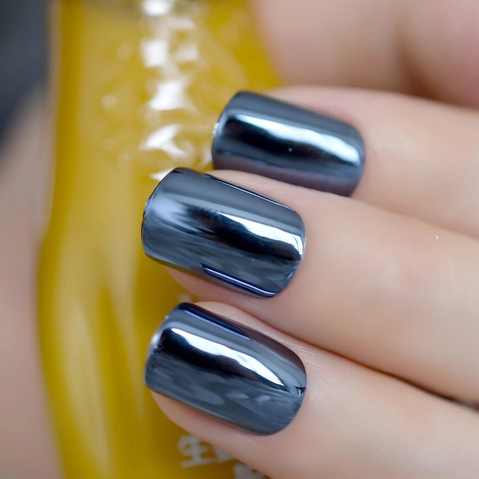 24 Short Dark Blue Chrome Press On Nails Glue on Mirror shiny metallic