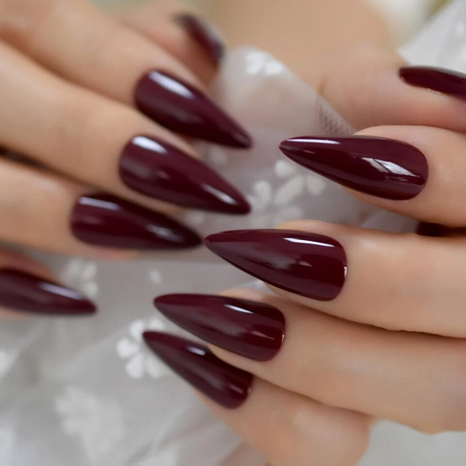 24 Glossy Maroon Stiletto Long Press on nails witchy goth alt pointed glue on Dark Red