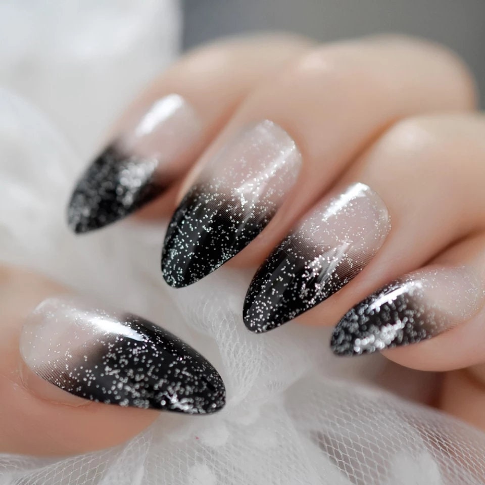 24 pcs Black Ombre French tip Long Press on nails glue on natural nude glitter clear medium