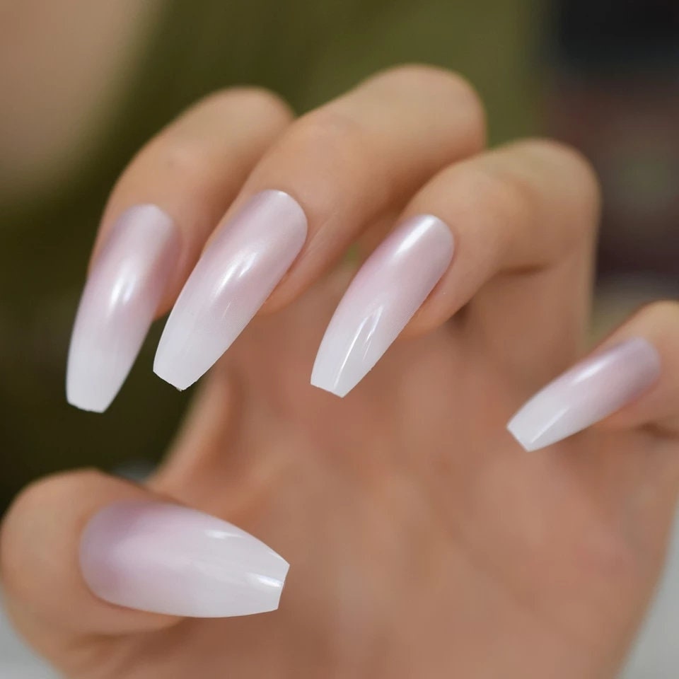 24 Extra Long Pink Pearl Ombre French mani white tip coffin Kiss press on nails glue on classic manicure