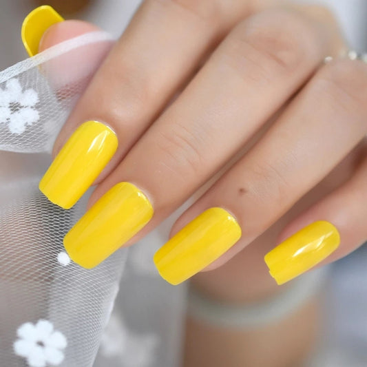 24 Yellow Sunflower Medium Square Long press on nails Glue on glossy