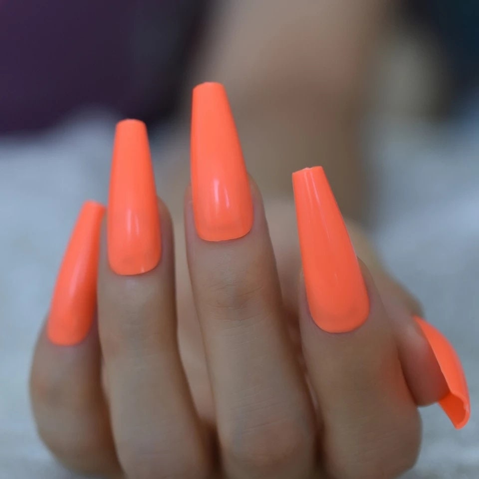 24 Extra Long Coffin Neon Orange Press on nails glue on straight Bright raver summer 80s rave