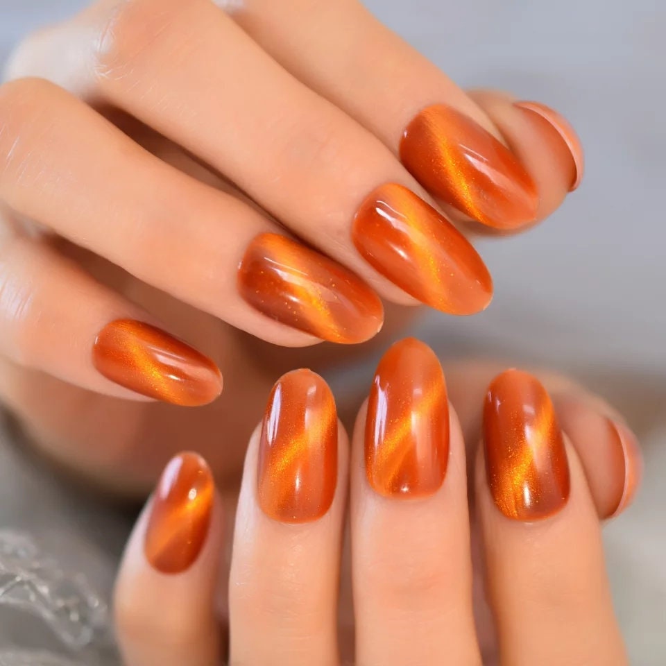 24 Orange gold Galaxy Gel Cat eye Medium Acrylic Press on nails glue on mirror shiny dark